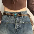 Bohemian vintage wooden bead waist chain belt for women, stylish boho denim jeans accessory. - Vintage Style Blue Square