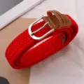 Red braided elastic belt with brown leather trim and silver metal pin buckle accessory - Red