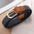Dark grey elastic woven belt with brown leather detail, comfortable stretch fabric daily wear. - Gray