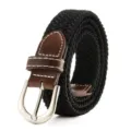 Cintura elastica intrecciata nera con dettagli in pelle marrone e fibbia in metallo. - Nero