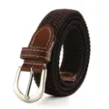 Cintura intrecciata elastica marrone con finiture in pelle e fibbia argentata per uomo e donna - Caffè