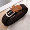 Ceinture tressée élastique pour hommes et femmes avec boucle en métal argenté et cuir marron. - 100cm / Café