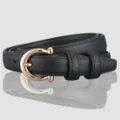 Slim black leather belt with gold horseshoe buckle, classic casual jeans waist accessory. - Elegant Black / 110cm