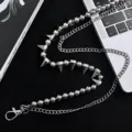 Punk style metal pant chain with double layer beads and spikes for street outfits. - Studded Bead Double-Layer Pants Chain / Silver