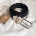 Ceinture élastique noire tissée avec bouts en similicuir beige et boucle métallique argentée. - Noir