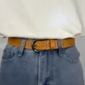 Women hollow leather belt stylish casual dress waist belt for denim jeans apparel accessory - Caramel color