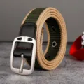 Men's casual canvas belt with metal buckle, green and khaki color block design for jeans. - Green