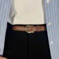 Ceinture en cuir marron rétro minimaliste pour femme avec boucle dorée élégante et décontractée - 306 Style élégant brun clair