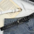 Y2K punk style women belt with double row holes and metal star rivets for cool daily wear. - 100cm / Punk Style Double-Row Studs - Black