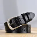 Ceinture en cuir creux noir pour femme, sangle de taille elegante avec boucle metal. - 105cm / Noir Ajouré