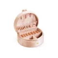 Boîte à bijoux portable en velours rose, étui de voyage rond avec rouleaux de bagues. - Rose