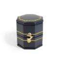 Sechseckige blaue Vintage Ringbox, elegantes PU Leder Schmuckgeschenkbox mit Goldrand. - Gleichseitige Achteckige Retro Ringbox / Blau