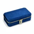 Portable blue velvet jewelry box travel ring storage organizer case with golden zipper - Dark Blue