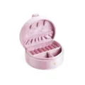 Pink velvet round travel jewelry box with rings slots and compartments for accessories. - Light Pink