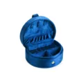 Portable round blue velvet travel jewelry box with ring rolls, necklace hooks and storage compartments. - Dark Blue