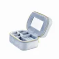 Boîte à bijoux de voyage en velours bleu portable avec miroir, fentes pour bagues et zip. - Boîte de rangement carrée avec miroir / Gris Bleu