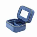 Blue velvet portable jewelry box for rings, earrings and small accessories with inner mirror. - Square Storage Box with Mirror / Blue