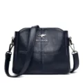 Dark blue leather women shoulder bag crossbody handbag with elegant stitching and metal logo. - Blue