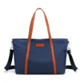 Borsa shopper in nylon blu da donna, borsa a tracolla grande con manici in pelle. - Blu scuro