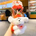 Adorable porte-clés en peluche chiot fruit, pendentif chien blanc avec chapeau pomme. - Sac OPP / Chiot Bonne Pomme