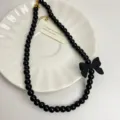 Zwarte kralen strik sleutelbeinketting, niche ontwerp cool stijl choker sieraden accessoire - Zwart (Z-1092)