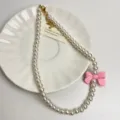 Parelketting met roze strik zoete sleutelbeenketting niche ontwerp trendy mode sieraden - Roze (Z-1091)