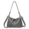 Graue Damen Umhängetasche aus Leder, elegante Schultertasche mit Metallbeschlägen. - Grau