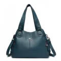 Dark teal PU leather women shoulder bag, vintage large capacity tote handbag with top handles. - Blue