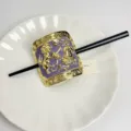 Detailed view of Chinese style metal hair stick with purple enamel and dual lion design. - Purple Lion Style (Z-733)