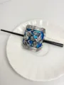 Vintage blue enamel hair stick with traditional animal motif and black pin for women styling. - Lion Style