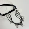 Gothic black velvet choker necklace with multi-layer beaded chains and silver cross pendants. - Necklace