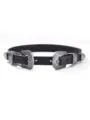 Close-up detail of punk black leather choker necklace with vintage silver double buckles. - Choker Necklace