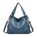 Blue faux leather shoulder bag, stylish casual tote with crossbody strap for women daily use. - Light Blue