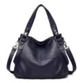 Women classic dark blue leather shoulder bag tote handbag with double handles and strap. - Dark Blue