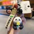 Resin wooden style panda keychain, cute creative bamboo hugging panda bag pendant accessory. - Flower Viewing