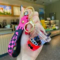 Cute oil-in black cat bubble tea cup keychain with pink strap for bag accessory key chain - Milk Tea Cup Style