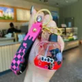 Cute liquid floating black cat keychain with pink strap stylish trendy bag charm for women. - Ton Ton Bucket Style