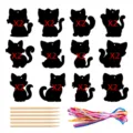 Set de tarjetas para rascar DIY con silueta de gato palitos de madera y cintas de colores - Forma de Gato (G-00065) / Juego de 24 piezas