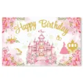 Pink Princess Castle Birthday Backdrop Banner for Girls Party Decoration Background - Birthday Backdrop