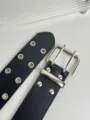 Punk style black leather belt with double grommet eyelets and metal pin buckle for daily wear. - Double Grommet Belt / Black