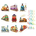 Set de decoración de fiesta de cumpleaños de tren de acuarela con espirales colgantes para niños - 9 Piezas Espirales Colgantes de Tren