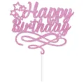 Bellissimo topper per torta Happy Birthday rosa glitter con asta per festa compleanno. - Stile 2 (W-00031-2)
