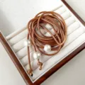 Elegant brown braided leather rope waist chain with white pearls for women chic belt accessory - Leather Cord Pearl Waist Chain (Z-2047) / Brown