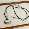 Korean long silver metallic oval pendant necklace with black leather cord, minimalist design. - Box Necklace (Z-3089) / Silver