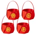 Red felt New Year gift baskets set of four with golden festival characters for holiday party decor - Happy New Year Style (L-00363-1) / Happy New Year