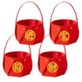 Red felt Chinese New Year storage baskets set of four decorative festive gift containers - Bringing Wealth and Treasure Style (L-00363-2) / Wealth and Treasure