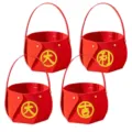 Red felt Chinese New Year festive gift basket with golden auspicious characters tote bag. - Good Luck and Prosperity Style (L-00363-3) / Good Luck