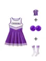 Kids purple cheerleading uniform set featuring dress, hair bow, pom poms and striped socks. - 160 / Purple