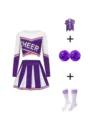 Lila-weisses Langarm Cheerleading Uniform Set mit Schleife, Pompons und Socken für Damen. - S / Oberteil und Hose / Lila