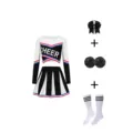 Cheerleader costume set long sleeve crop top pleated skirt pom poms hair bow socks white. - Black